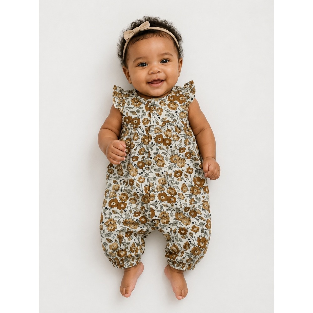 Olive & Cradle Floral Cotton Ruffle Romper Cream Brown Sleeveless Baby Girl 0-3M
